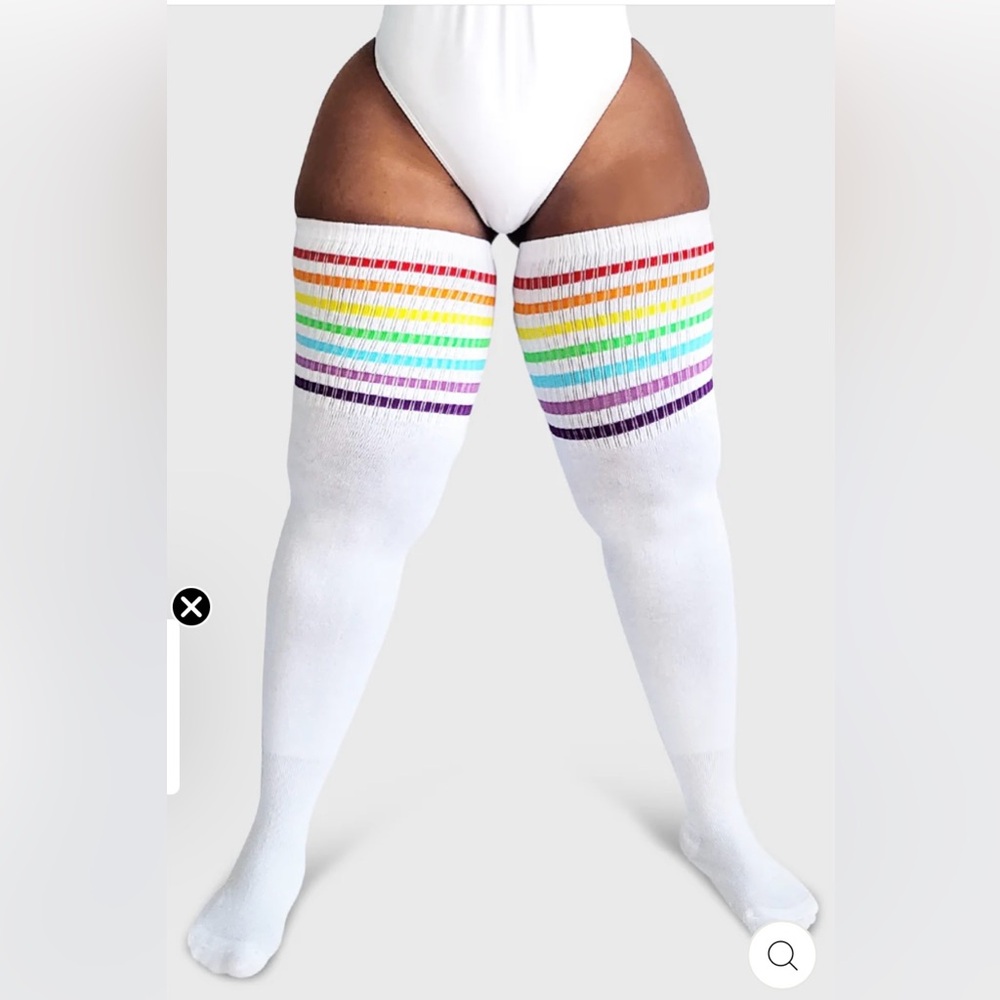 White Thigh-High Socks with Rainbow Stripes